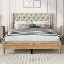  Queen Upholstered Platform Bed in Beige and Wood Finish