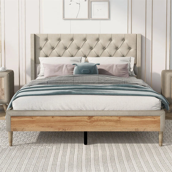 Queen Upholstered Platform Bed in Beige and Wood Finish