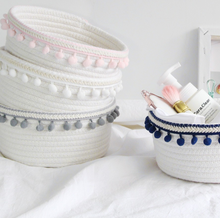  White Cotton Rope Storage Basket with Pom Pom Trim | Available in 4 Colors
