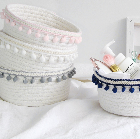 White Cotton Rope Storage Basket with Pom Pom Trim | Available in 4 Colors