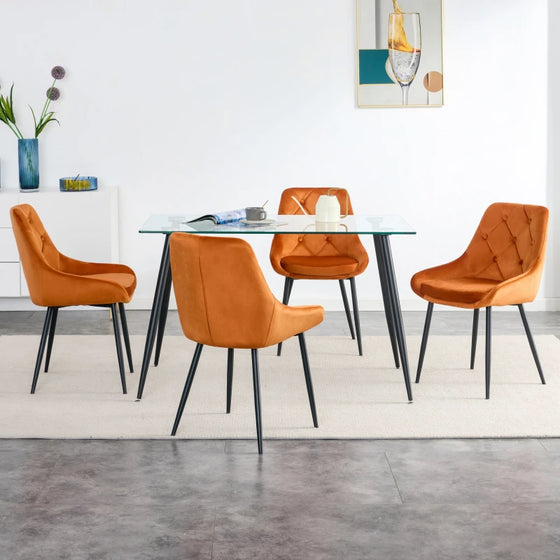 Modern Glass Dining Table Set -Includes 4 Grey Velvet Upholstered Tuft Chairs